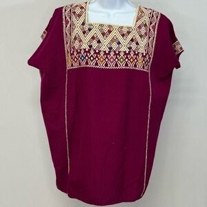 Vintage Handmade Huipil - Chiapas Mexico Magenta Boho Tunic Top- L
